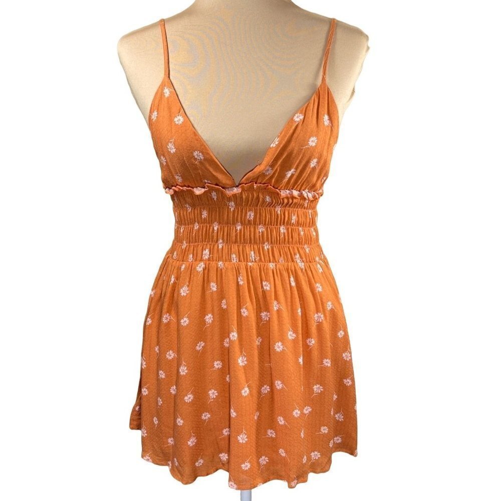 Follow The Sun V-Neck Strapless Mini Skirt Orange Floral Size S Small